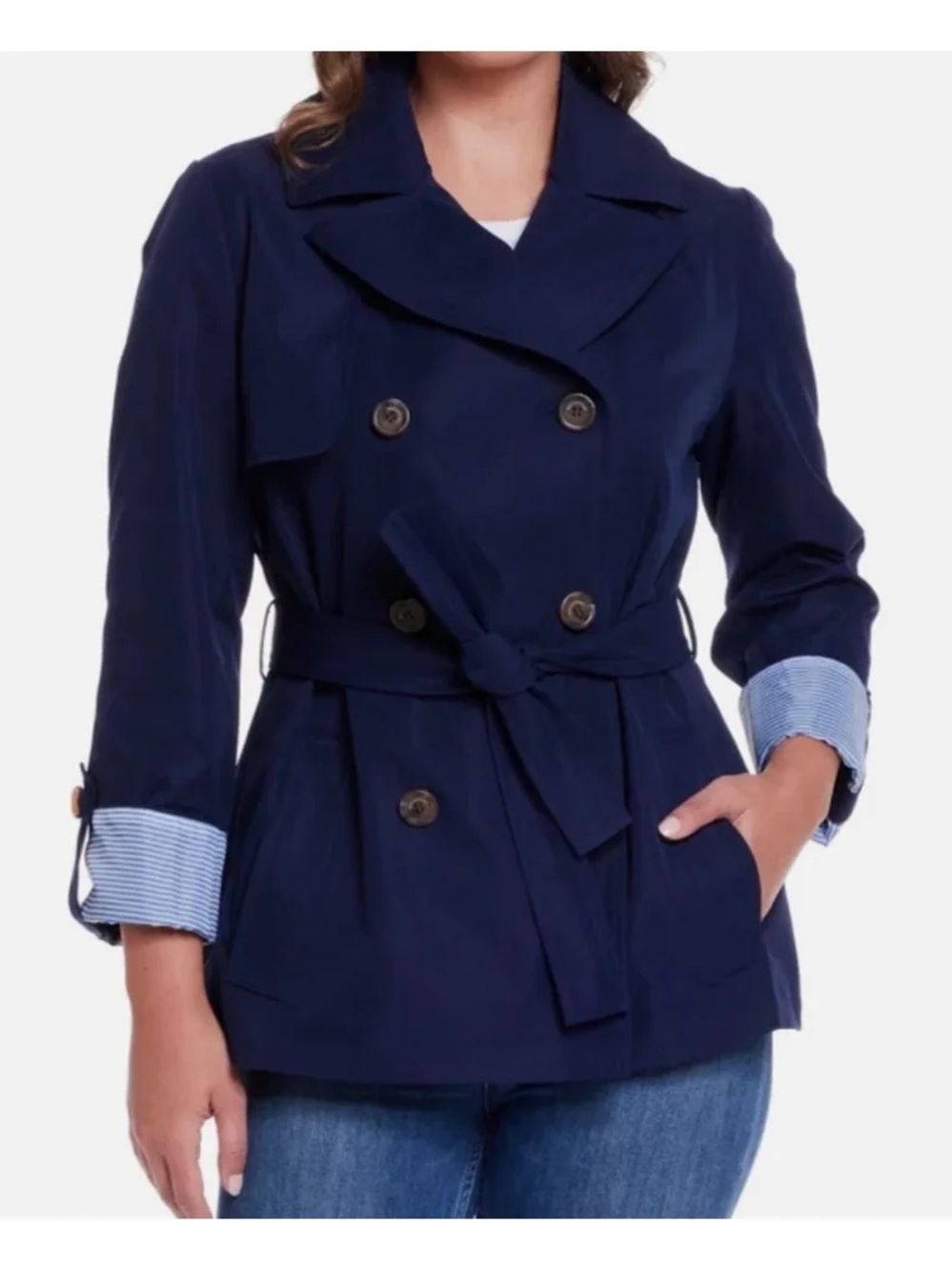 Weatherproof Women's Double-Breasted Navy Trench Jacket with Belt
